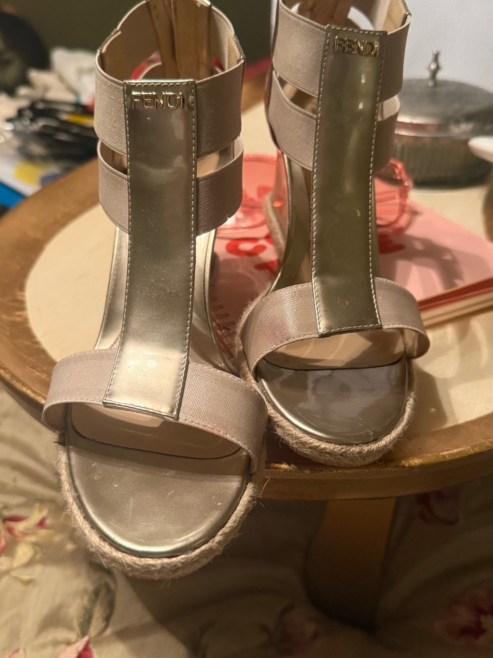 Fendi Beige T-Strap Espadrille Wedge Sandals